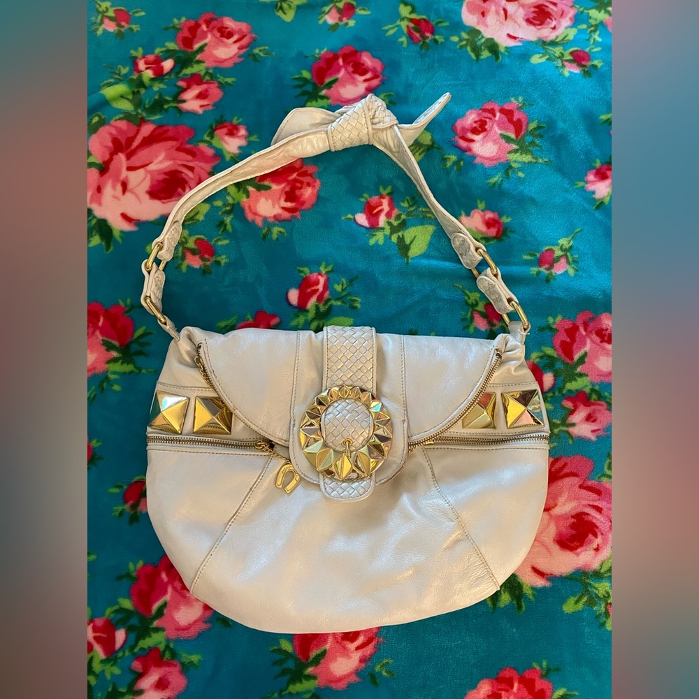 Vintage Betsey Johnson hobo Cream Shoulder Bag with Gold Studs